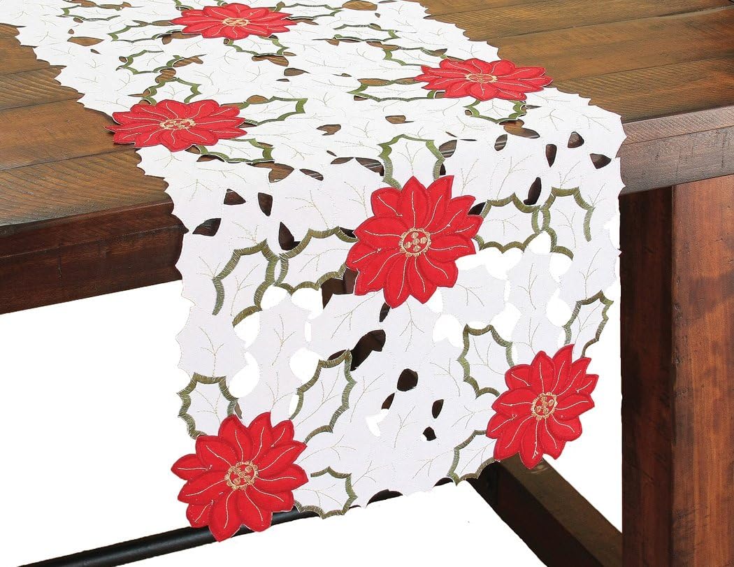 Holiday Poinsettia Embroidered Cutwork 12 by 28-Inch Christmas Table Runner, Mini