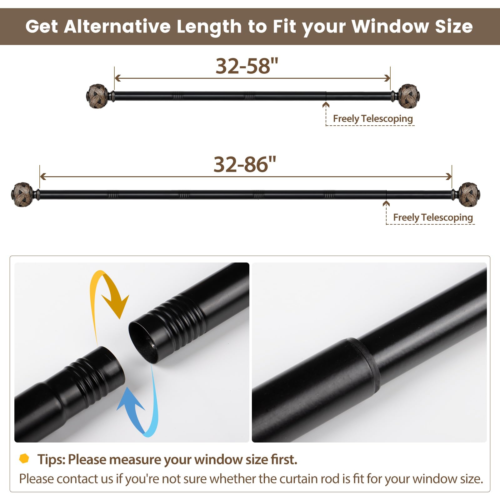 USFOOK 1 Inch Curtain Rods 32 to 58 Inches (2.6-4.8ft), Telescoping Splicing Drapery Rods for Windows 20 to 53 Inch, Black Leaf Finials