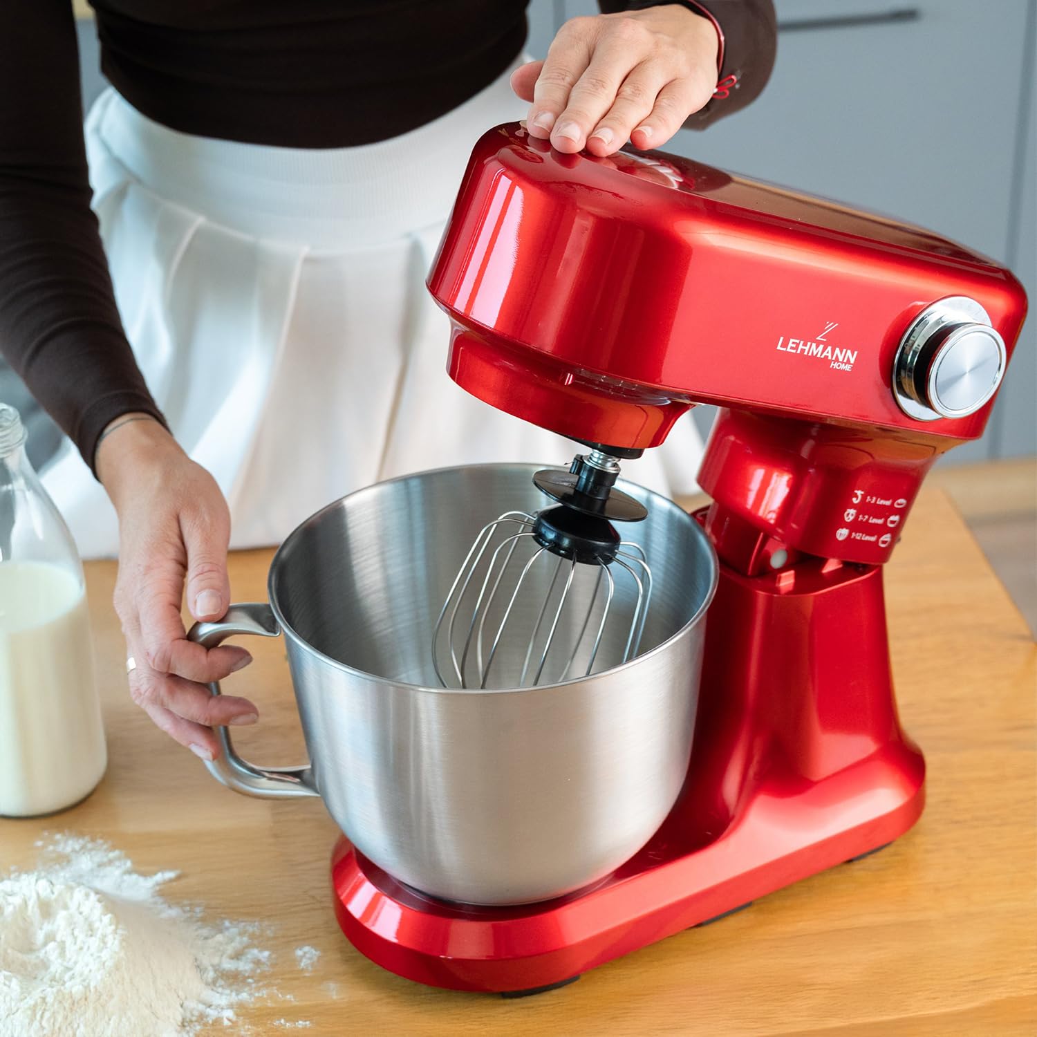 LEHMANN Küchenmaschine mit Zubehör-Set, 1500W, Rührmaschine mit 12 Geschwindigkeiten, 5L Rührschüssel, Überhitzungsschutz, Rutschfest, Knetmaschine mit 3 Rühreinsätze und Spritzschutz, Rot