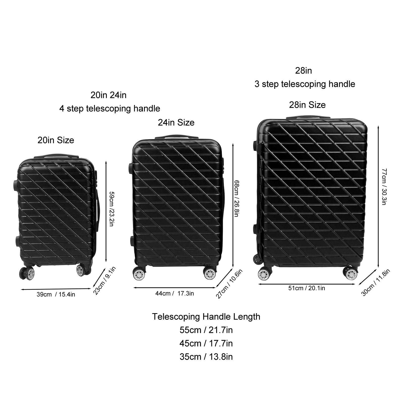 3-częściowy Zestaw Bagażu Hardshell z Zamkiem TSA, nośność 150 Kg na Długoterminowe Podróże i Wyjazdy Służbowe (BLACK)