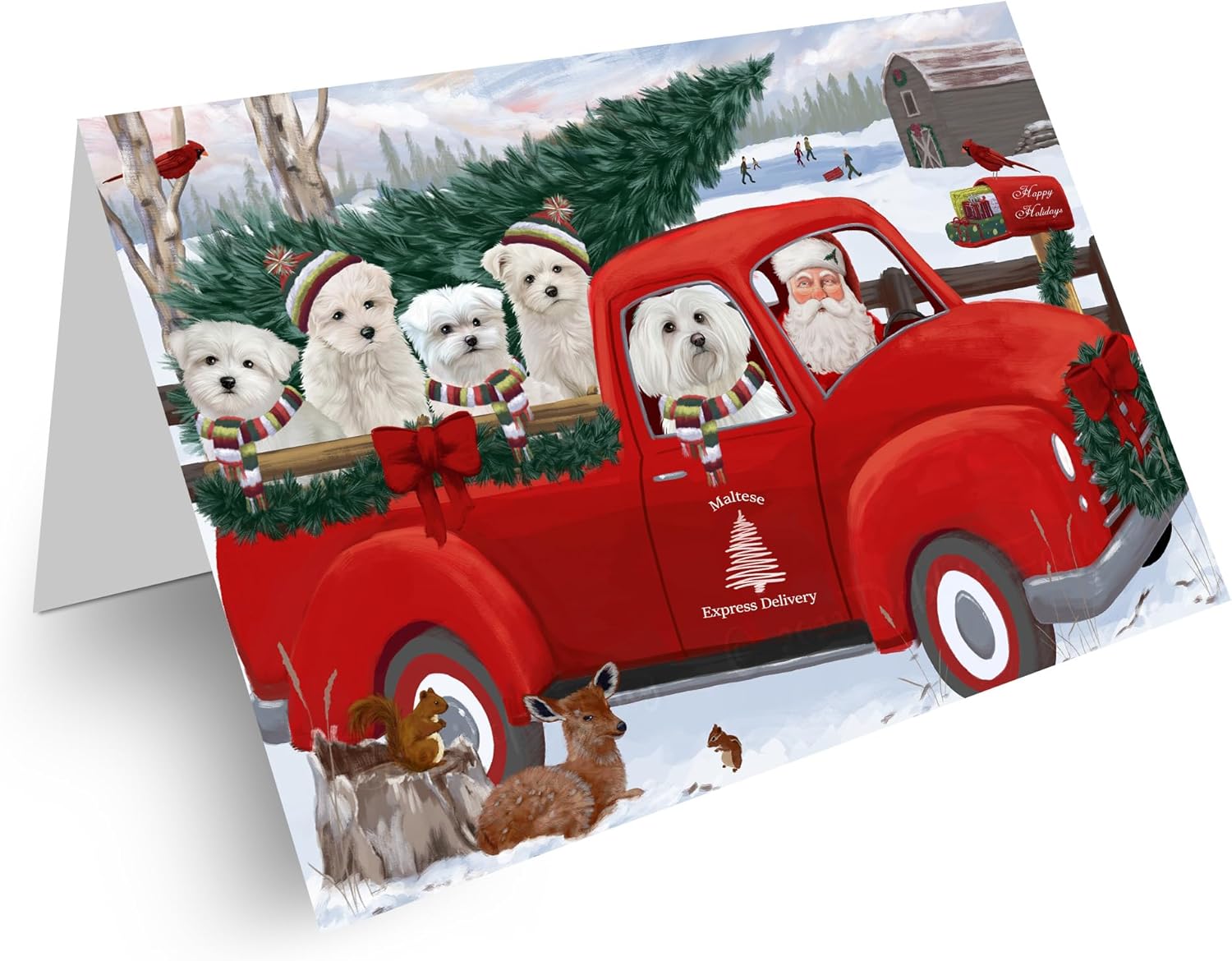 Christmas Santa Express Delivery Red Truck Maltese Dogs Note Cards - Adorable Pets Invitation Cards with Envelopes - Pet Artwork Christmas Note Cards GCD68978 (10 Greeting Cards)