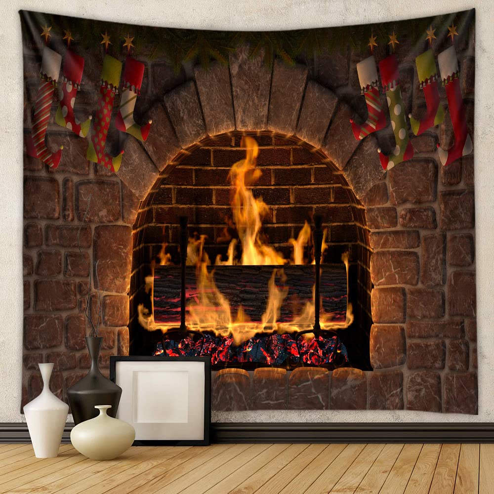 Tapisserie Noël Cheminée Et Arbre - 180x230 Cm, Polyester - Décoration Murale Fête, Fond Photo