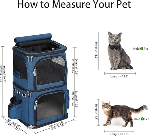 Vista 20 de Mochila transportadora de mascotas de doble compartimento para gatos pequeños y perros, transportador de viaje para gatos para 2 gatos, perfecta Gris