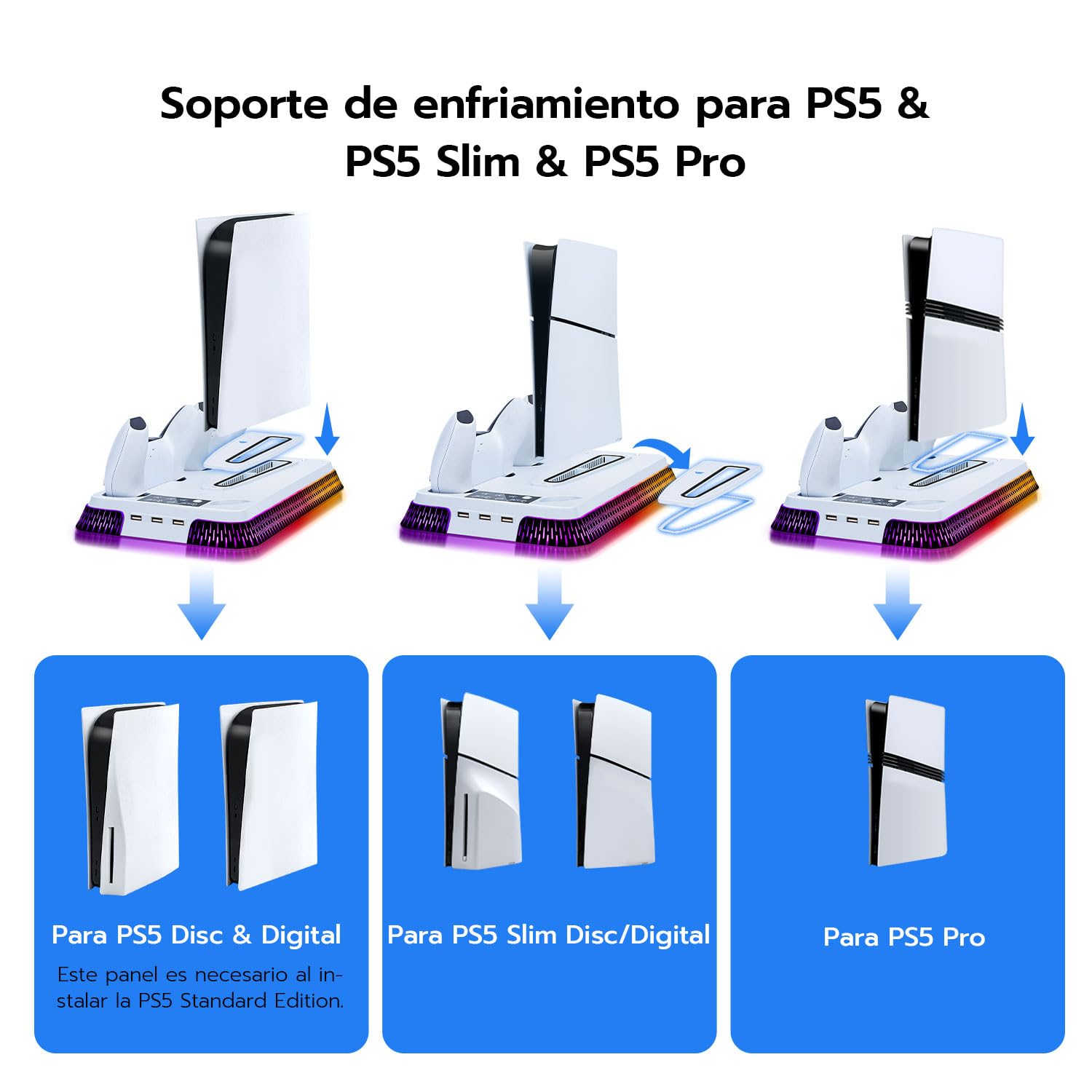 Wigearss Soporte Vertical para PS5/PS5 Slim/PS5 Pro con Ventiladores de Refrigeración Carga para 2 Mandos, Ventilador de Enfriamiento Ajustable en 3 Niveles con 10 Efectos de Iluminación LED