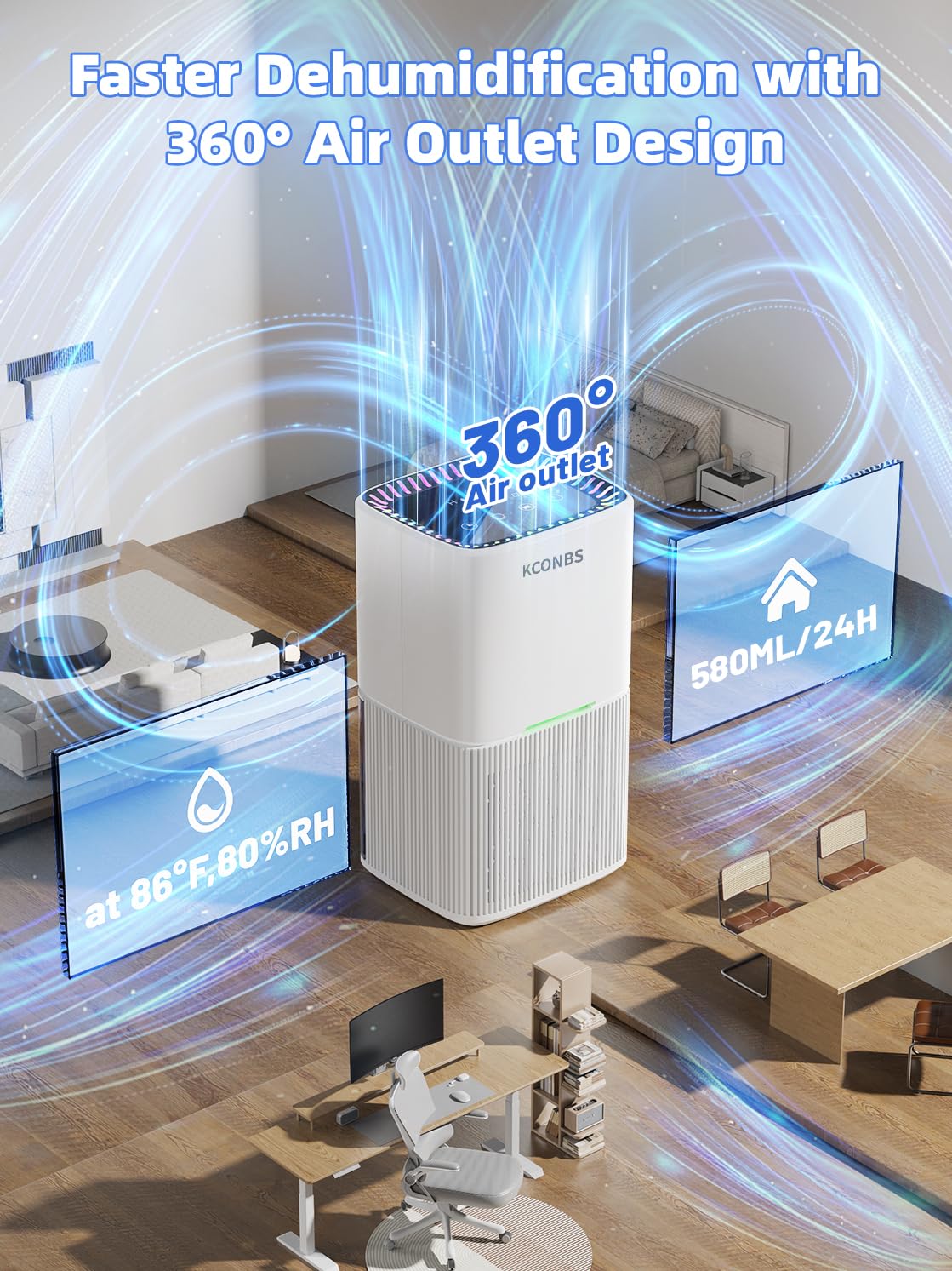 Osuszacz powietrza 1,8 l, elektryczny cichy osuszacz powietrza z automatycznym zamrożeniem/wyłączaniem, kolorowe diody LED, timer, dotykowy wyświetlacz LCD, 580 ml/dzień, do łazienki, szafki