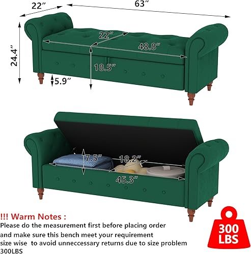 Miniatura 70 de Aoowow Banco de almacenamiento de 63 pulgadas para dormitorio, extremo de la cama, sofá otomano enrollado de tela de terciopelo armado, banco largo