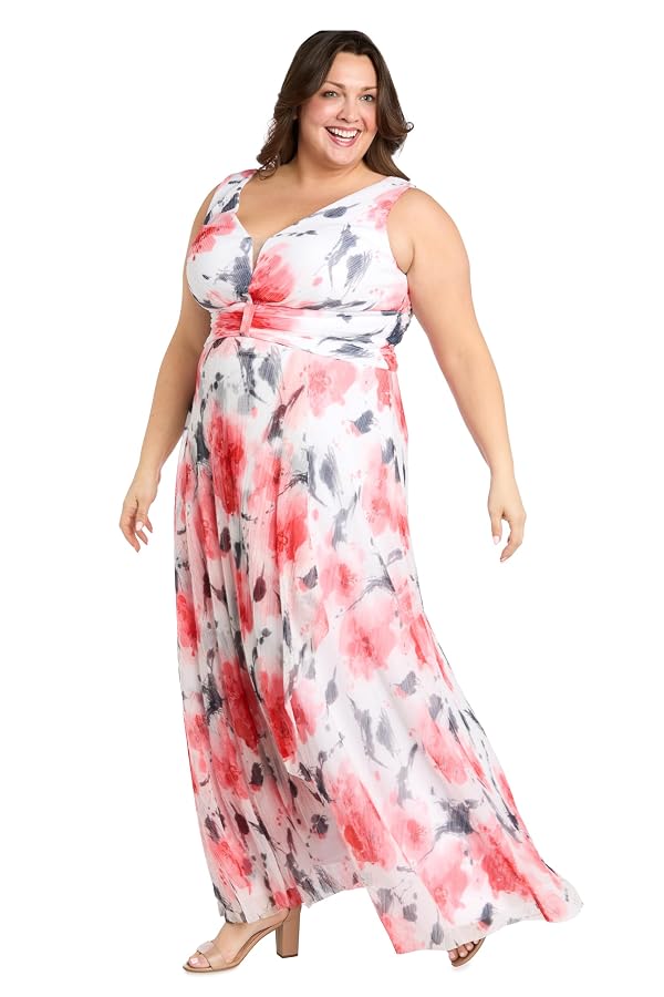 R&M Richards Women's Floral Crinkle Chiffon Maxi Dress W/Ruched Waist & V-Neck Illusion Insert Coral/Ivory by R&M Richards - Image 3