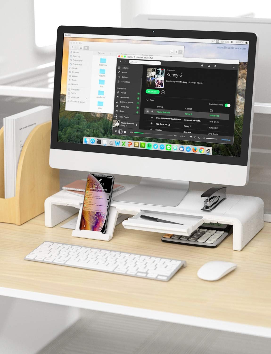 Black Friday - 70% OFF Monitor Stand Riser, Klearlook Maximized Clarity Foldable Computer Monitor Stand, Adjustable Computer Stand Desk Organizer with Storage Drawer, Tablet Phone Stand for Laptop PC Printer (White)