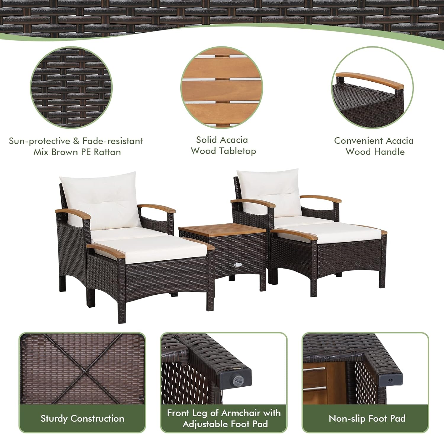 HAPPYGRILL 5 Pieces Patio Furniture Set Outdoor PE Wicker Lounge Chair and Ottoman Set with Cushions and Side Table with Acacia Wood Tabletop, Outdoor Conversation Set for Garden Poolside Backyard