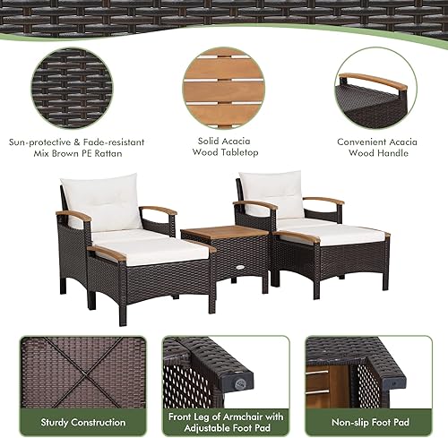 Miniatura 7 de HAPPYGRILL Juego de muebles de patio de 5 piezas para exteriores, silla de mimbre de polietileno y otomana con cojines y mesa auxiliar con mesa de