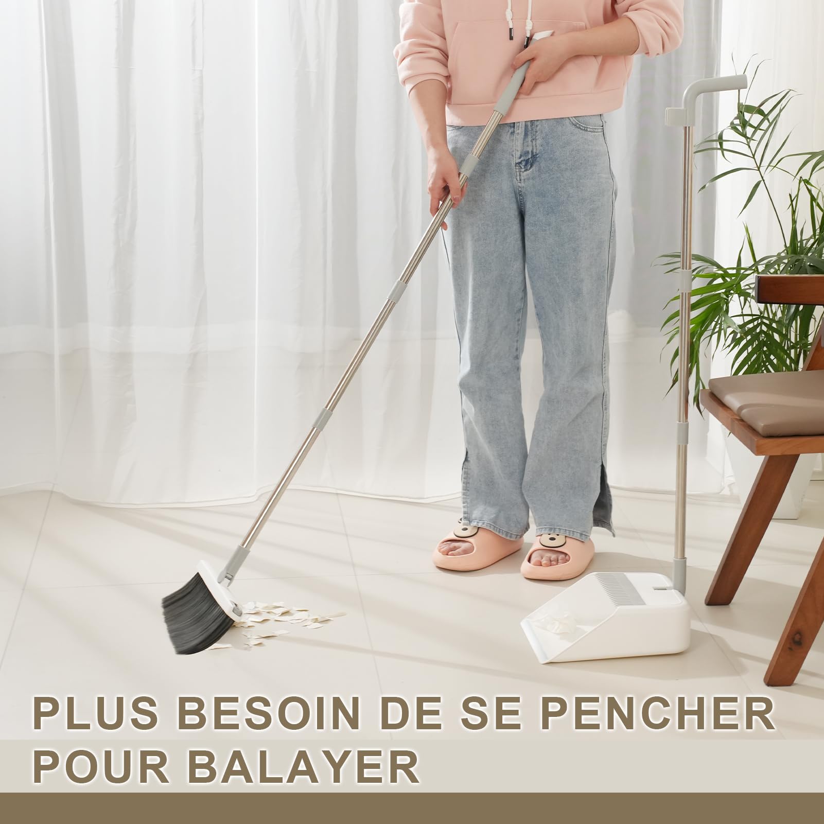 Alipis Pelle à balayette en acier inoxydable à long manche avec support pour balai - Pour intérieur et extérieur, maison, ménage, nettoyage