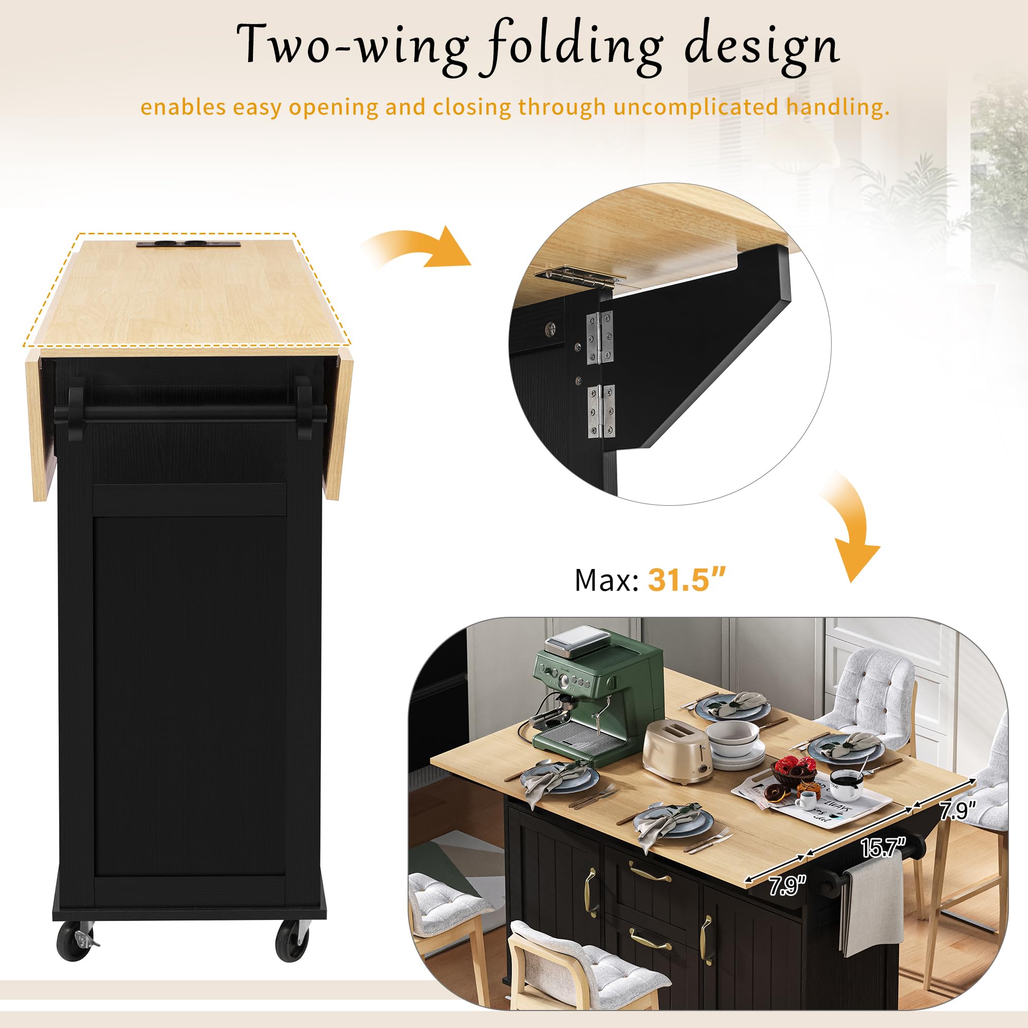 Îlot Central Cuisine, Meuble Cuisine avec Plan de Travail, Multiprises, Poubelle Cuisine, Tiroirs et Porte-Serviettes, Desserte Cuisine sur roulettes pour Cuisine et Salle à Manger, Noir