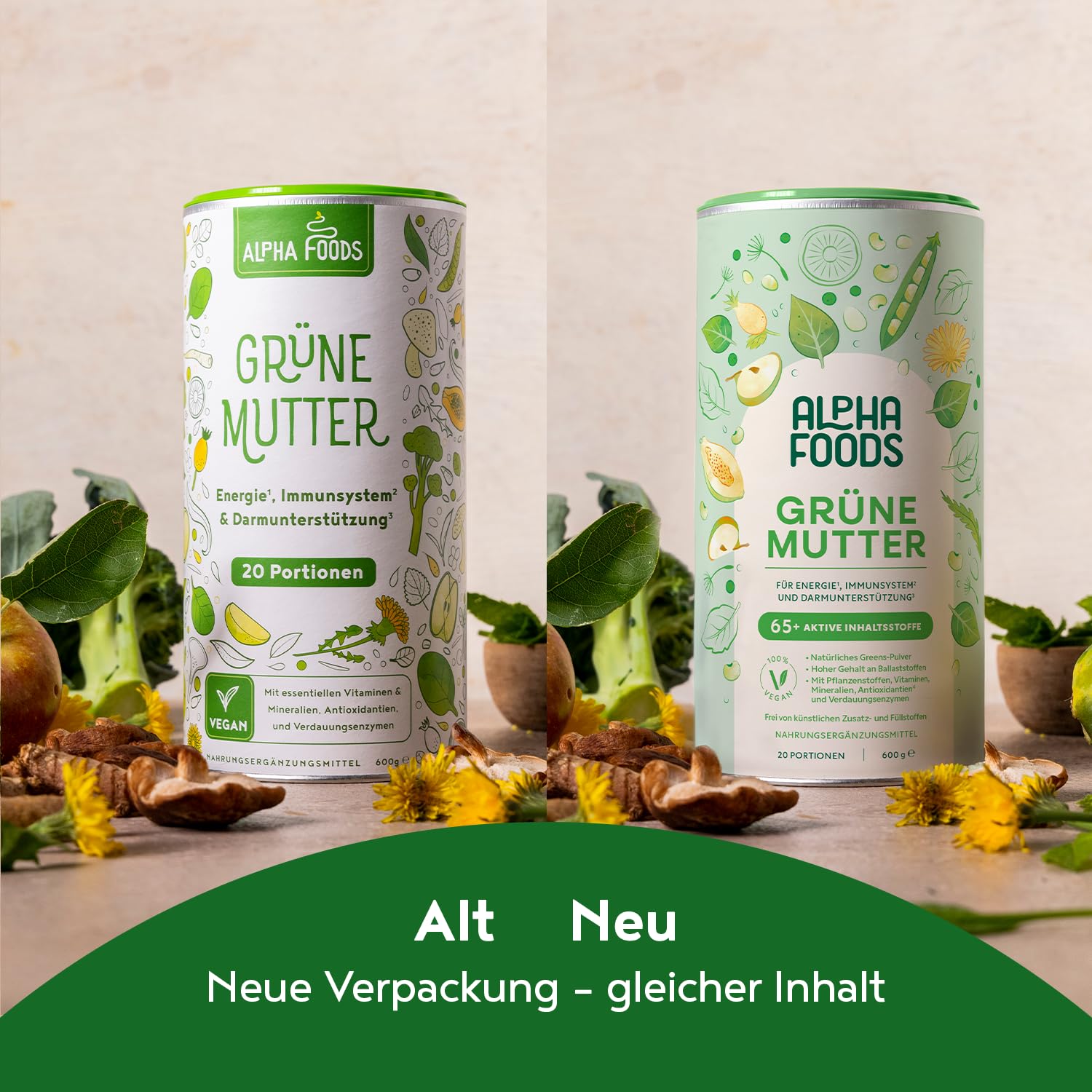 Grüne Mutter 2.0 - Das Original - Greens Shake - Akazienfaserpulver, Weizengras, Brennnessel, Mariendistel, Alfalfa, Chlorella und mehr - Smoothie Shake - 600g Pulver - Alpha Foods