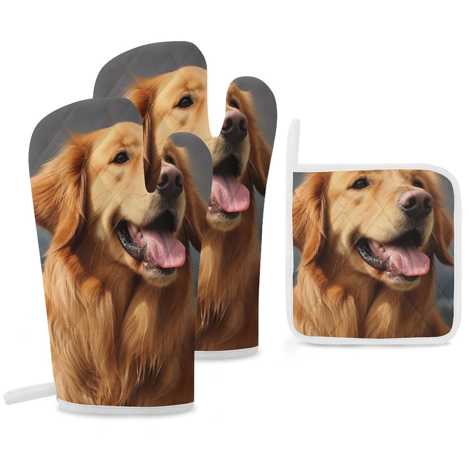 Oven Mitts And Pot Holders Sets of 3 Heat Resistant BBQ Gloves Golden Retriever Dog Oven Mitts Gloves Non-Slip Kitchen Mittens Potholders for Cooking Baking Grilling BBQ Microwave