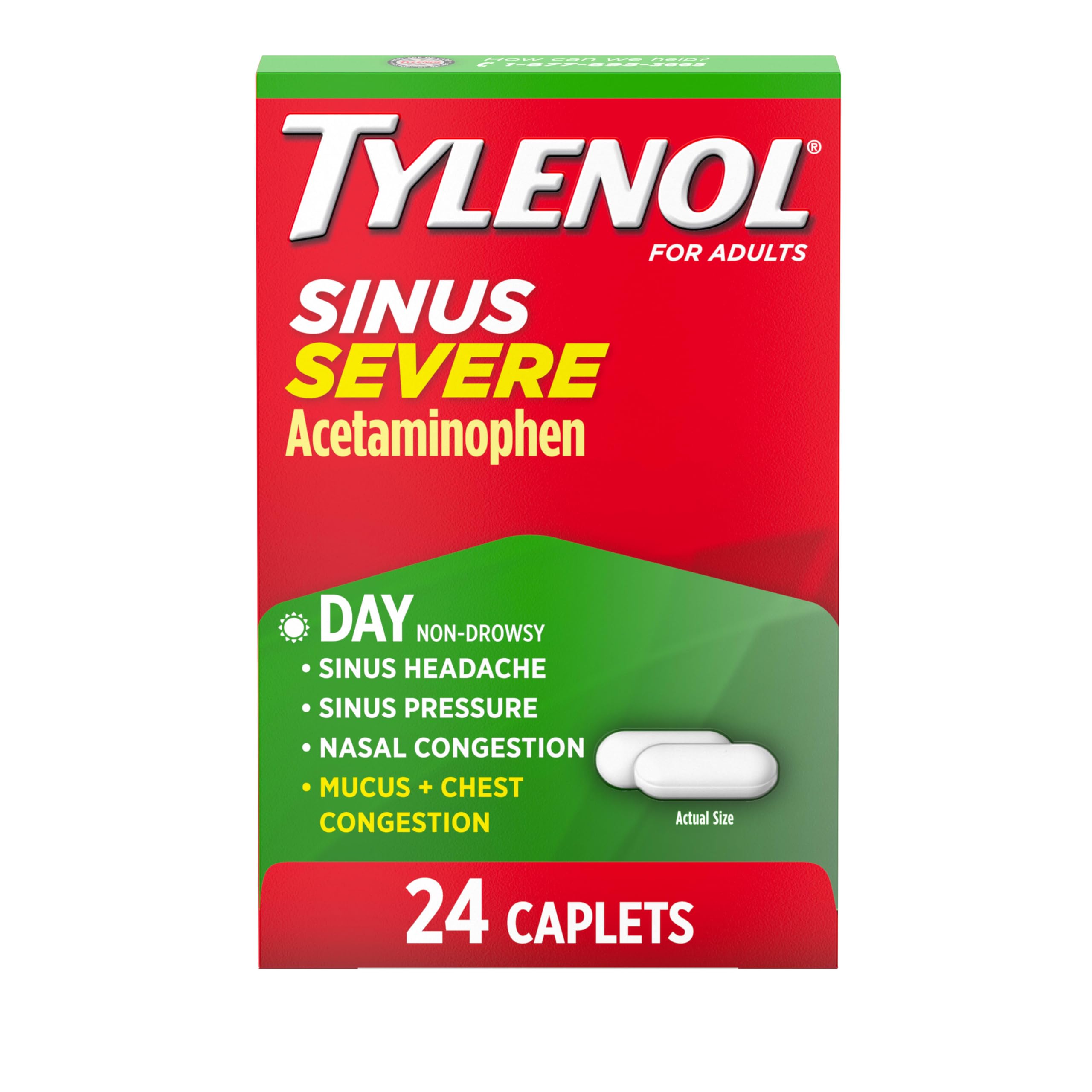 Tylenol Sinus Severe Daytime Cold & Flu Relief Medicine Caplets, Non-Drowsy Pain Reliever, Fever Reducer Expectorant & Decongestant, Acetaminophen, Guaifenesin & Phenylephrine HCl, 24 ct