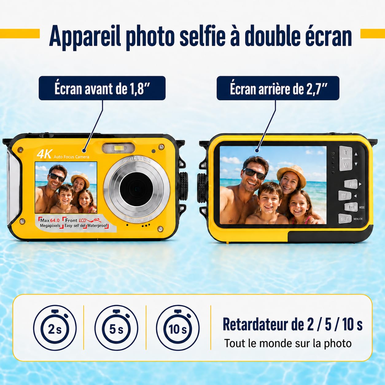 Appareil Photo Étanche Plongée 4K 64Mpx Double Écran