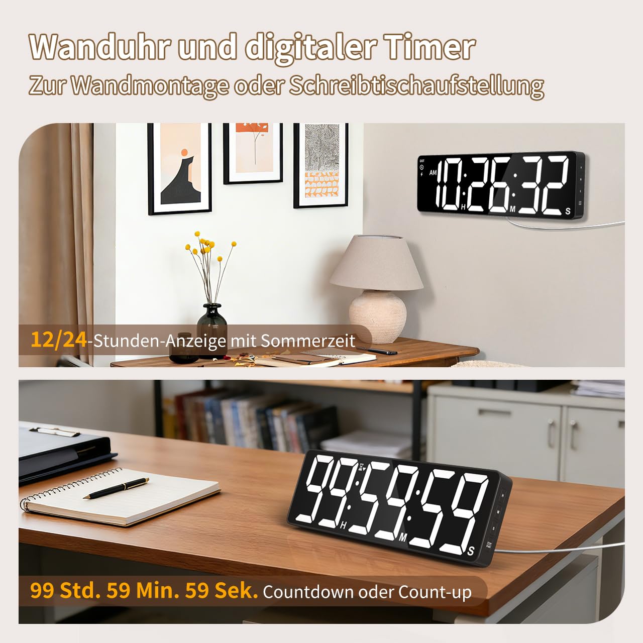 15,7" Digitaler Wandtimer, 99h Countdown/Count-up, RGB, Fernbedienung