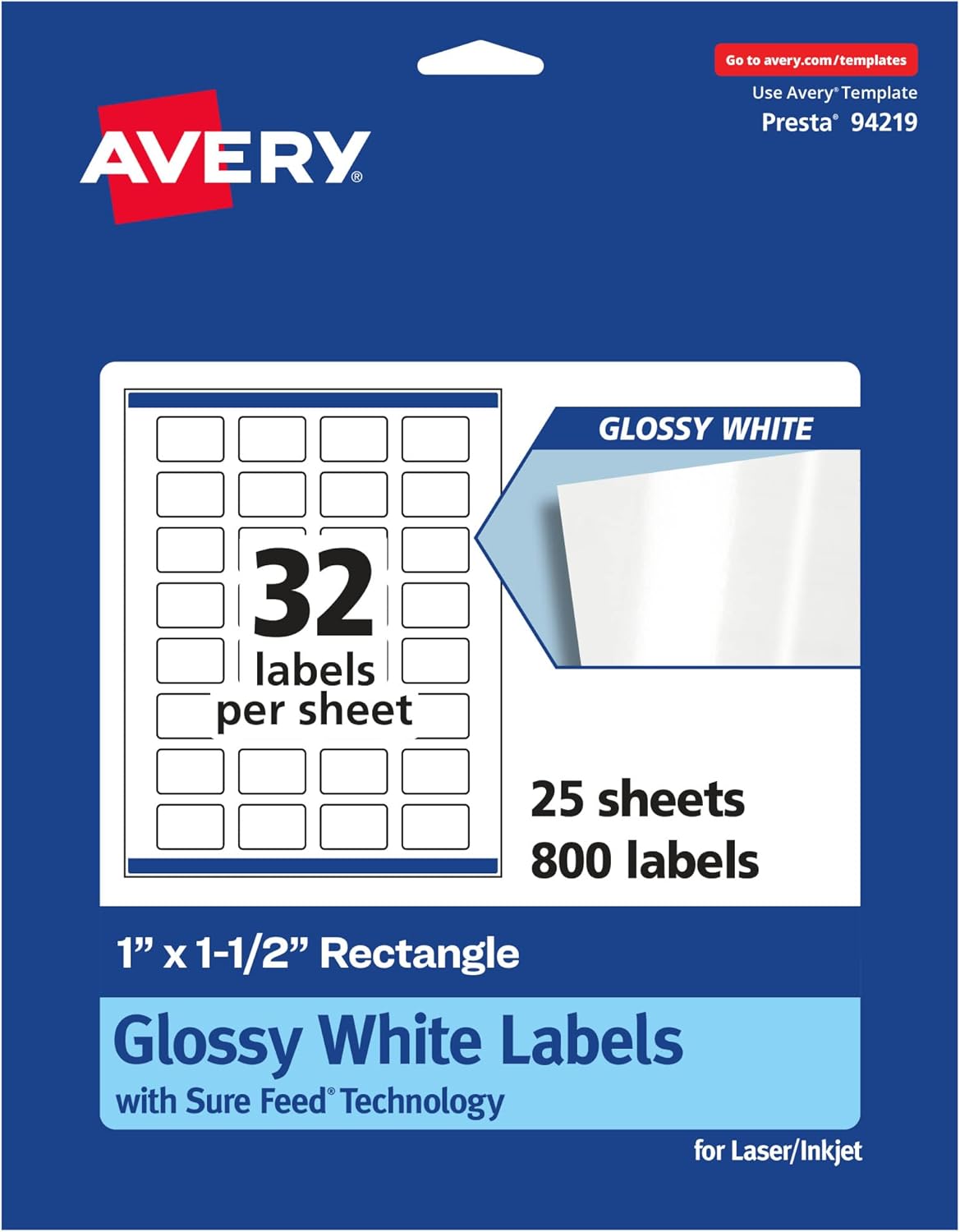 Avery Glossy White Rectangle Labels, Sure Feed Technology, 1" x 1.5", 3,200 Glossy White Labels, Print-to-The-Edge, Permanent Adhesive, Laser/Inkjet Printable