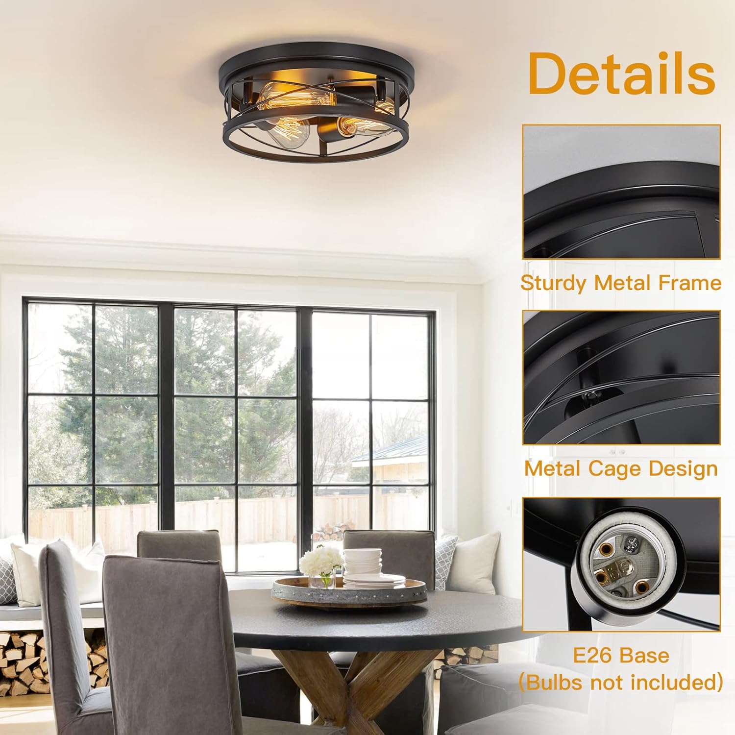 Farmhouse Ceiling Light Fixtures Black Flush Mount Ceiling Light 3-Light Vintage Kitchen Light Fixtures Metal Cage Ceiling Lights for Bedroom, Living Room, Hallway, Foyer(E26 Base)