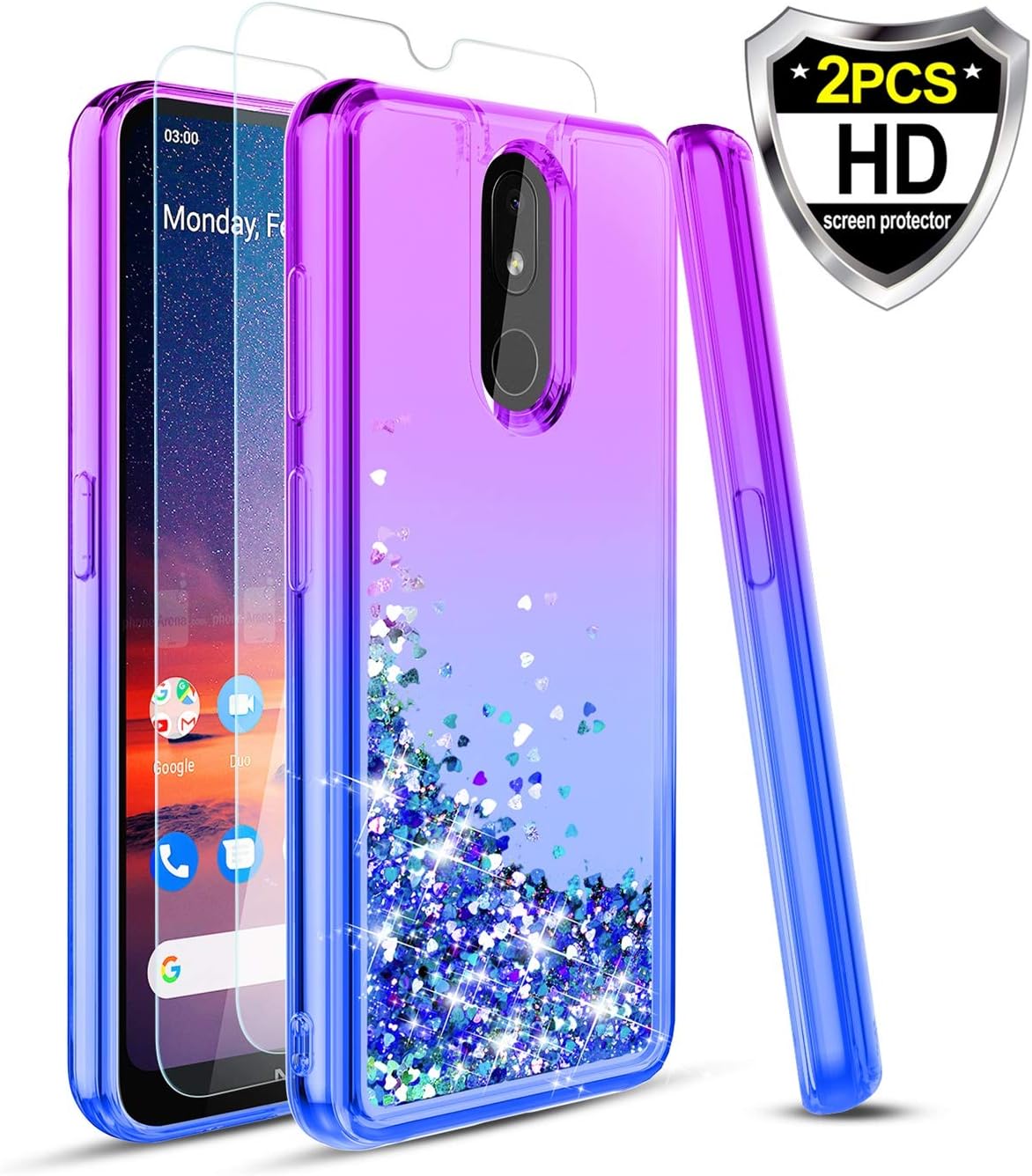 Wareon-Nokia 3V Case, Nokia 3.2 Case,with Soft 2 HD Screen Protector,TPU Glitter Quicksand Shockproof Protective Phone Case for Girls Women-Purple/Blue-Purple/Blue