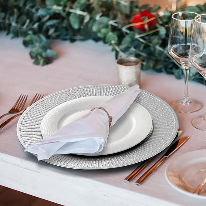 DEAYOU 12 Platos Cargadores Plateados 33 cm Plástico Reutilizables Boda Fiesta Decoración miniatura 8