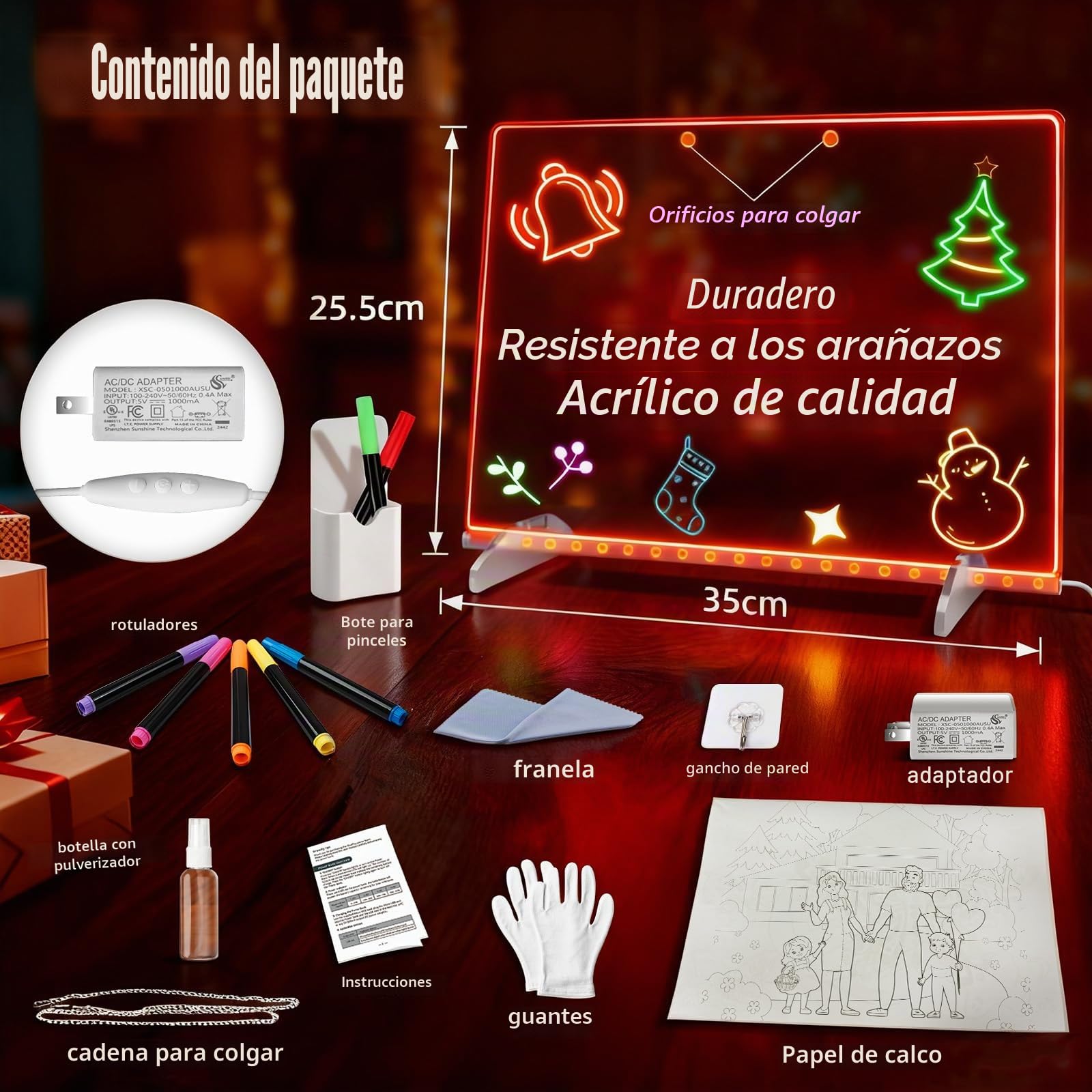 Pizarra LED Recargable 35x25 Cm – 8 Modos De Luz, Colores Neón, Con Soporte Y Colgador, Ideal Para Mensajes Y Decoracion