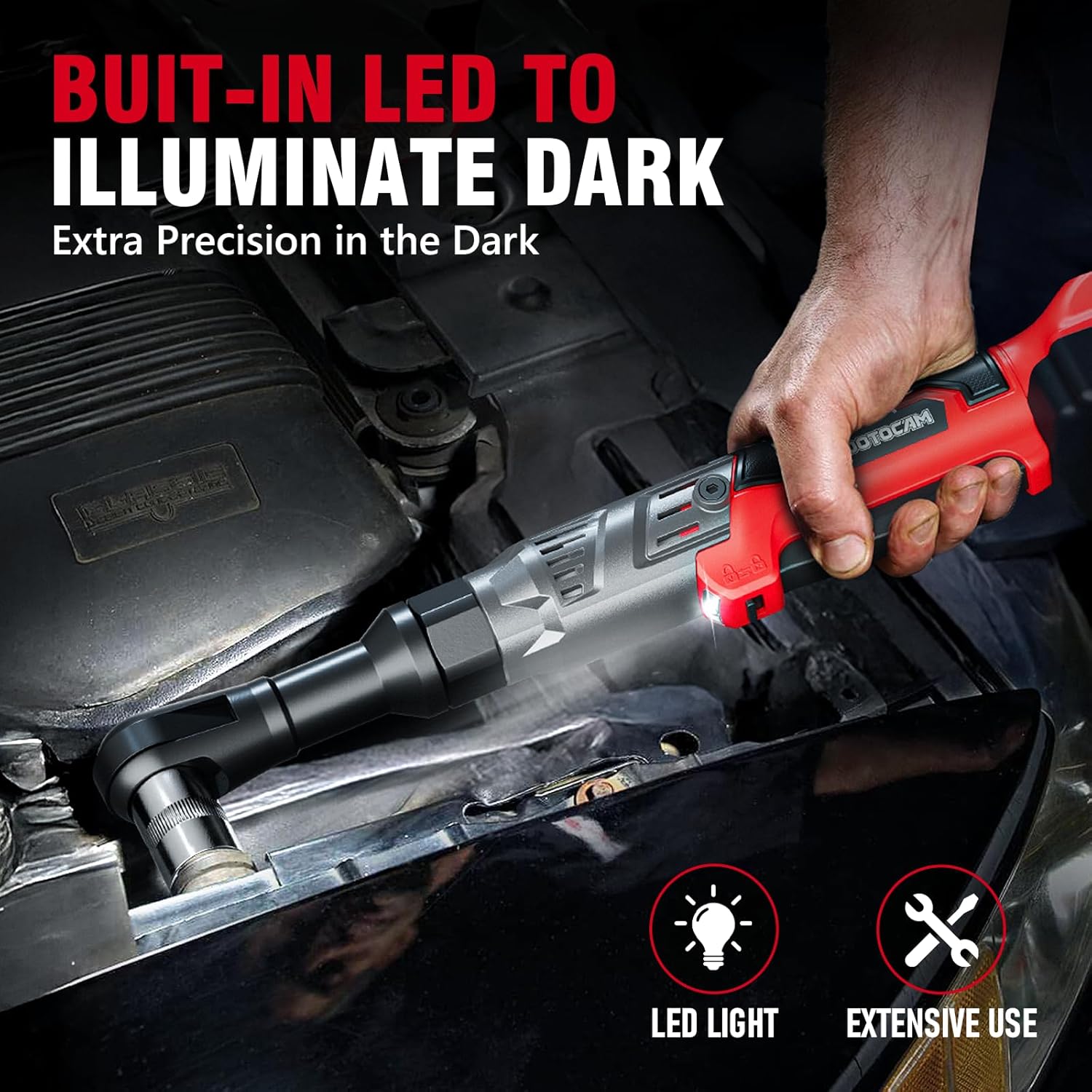 3/8" Cordless Ratchet Wrench for Milwaukee 18V Battery(Tool Only),75FT-LBS(102N.m) Extended Electric Ratchet Wrench with Variable Speed, LED Light, 1/4"&1/2" Adapter,3" Extension Bar