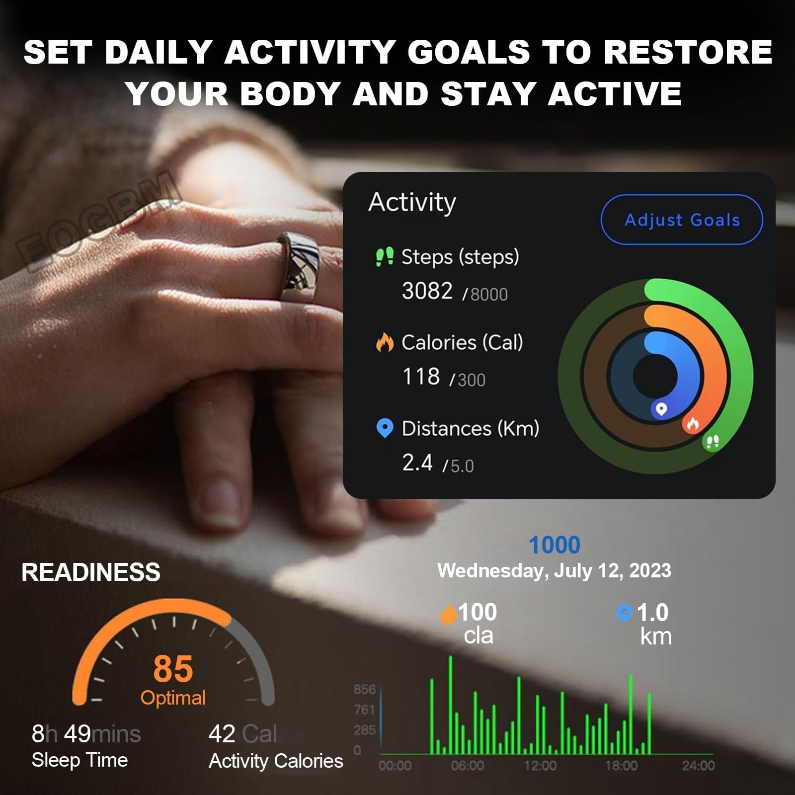 Smart Ring Fitness Tracker con cardiofrequenzimetro, Bluetooth ricaricabile impermeabile, monitoraggio del sonno, registrazione della temperatura corporea, contapassi, ossigeno nel sangue