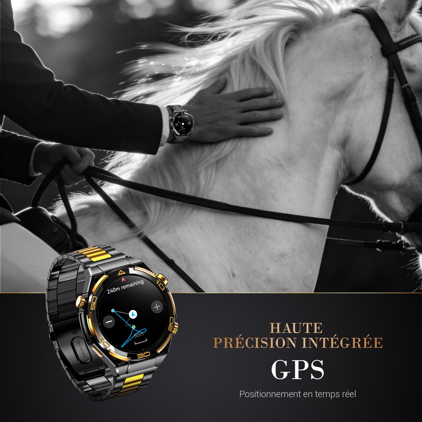 Blackview Montre Connectée Homme 14K Or Luxe avec IA ChatGPT, Écran AMOLED HD 1.43", GPS Intégré, Lampe de Poche, Boussole, Appels Bluetooth, Surveillance Santé, 100+ Modes Sport, pour Android et iOS