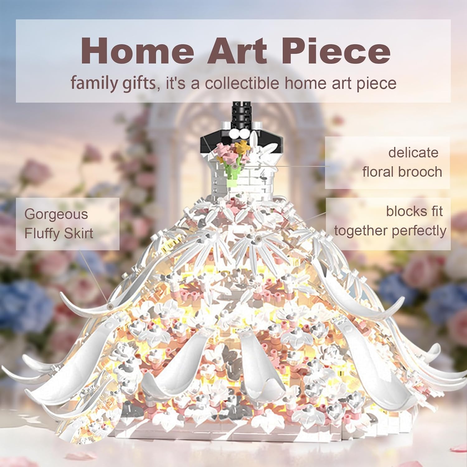 Romantic Wedding Dress Building Block Set for Adults, Creative Ballgown Dress Model for Couple Women & Men-Gift for Mothers Day,Family and Holiday Decoration, Fidget Blox (White)