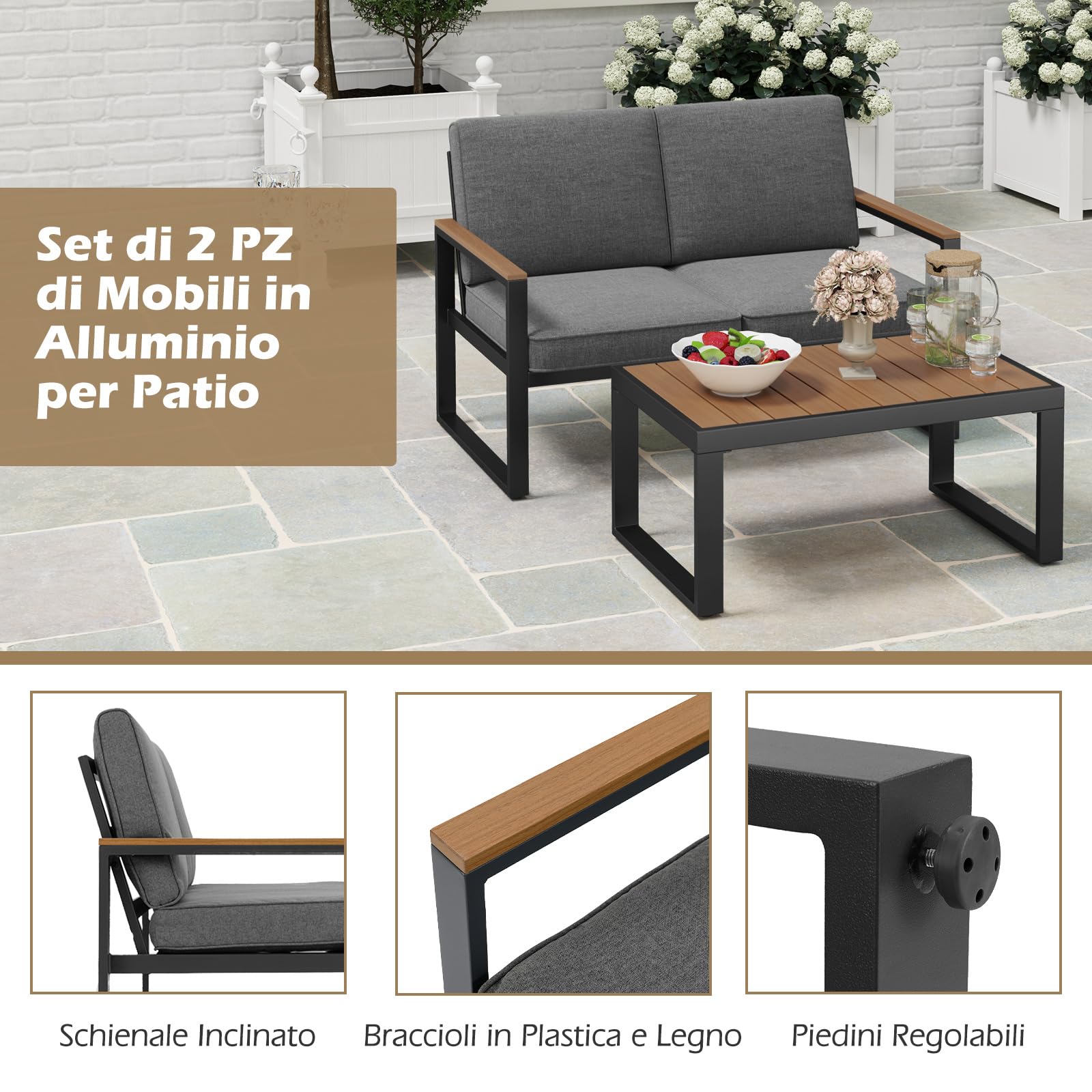 COSTWAY Set da Giardino in Alluminio a 2 Pezzi, Set Tavolino e Poltrona da Giardino, Set da Conversazione da Esterno, Divano Sezionale Imbottito con Tavolino da Caffè, per Cortile Balcone
