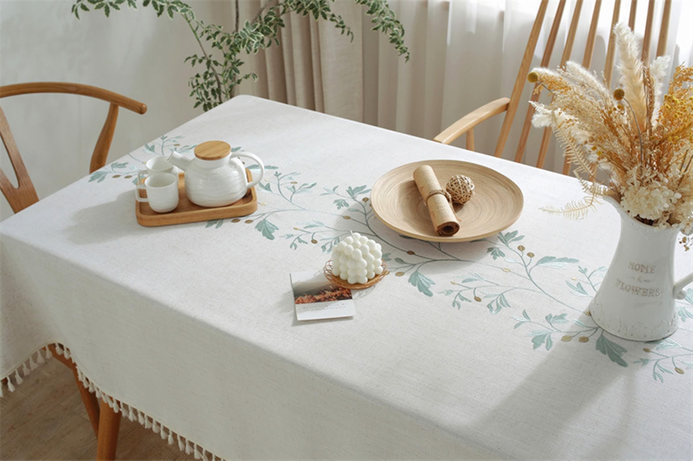 Mantel rectangular de cocina, 99 x 160 cm, poliéster bordado con hojas y borlas, mantel para eventos, bodas, banquetes y fiestas, estilo 2, verde