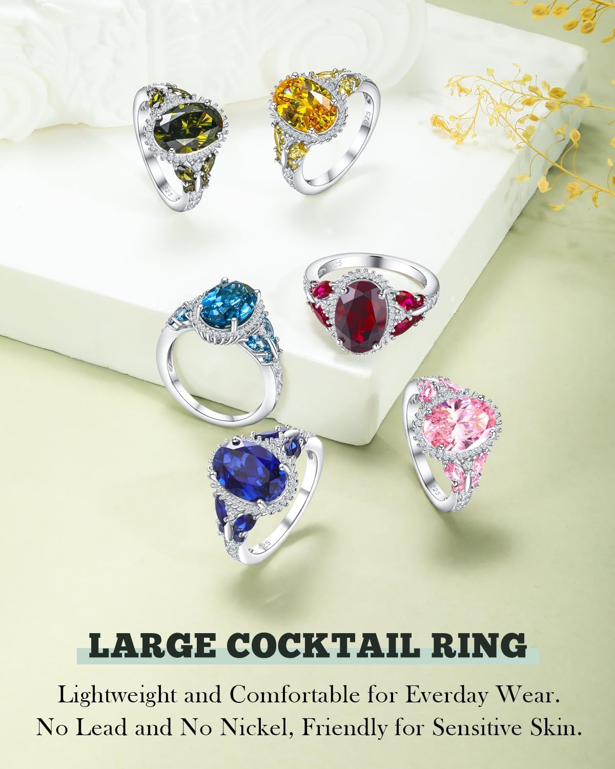 925 Sterling Silver Big Oval Engagement Ring for Women Butterfly Birthstone Halo Rings Birthday Cocktail Anniversary Jewelry(with Gift Box)
