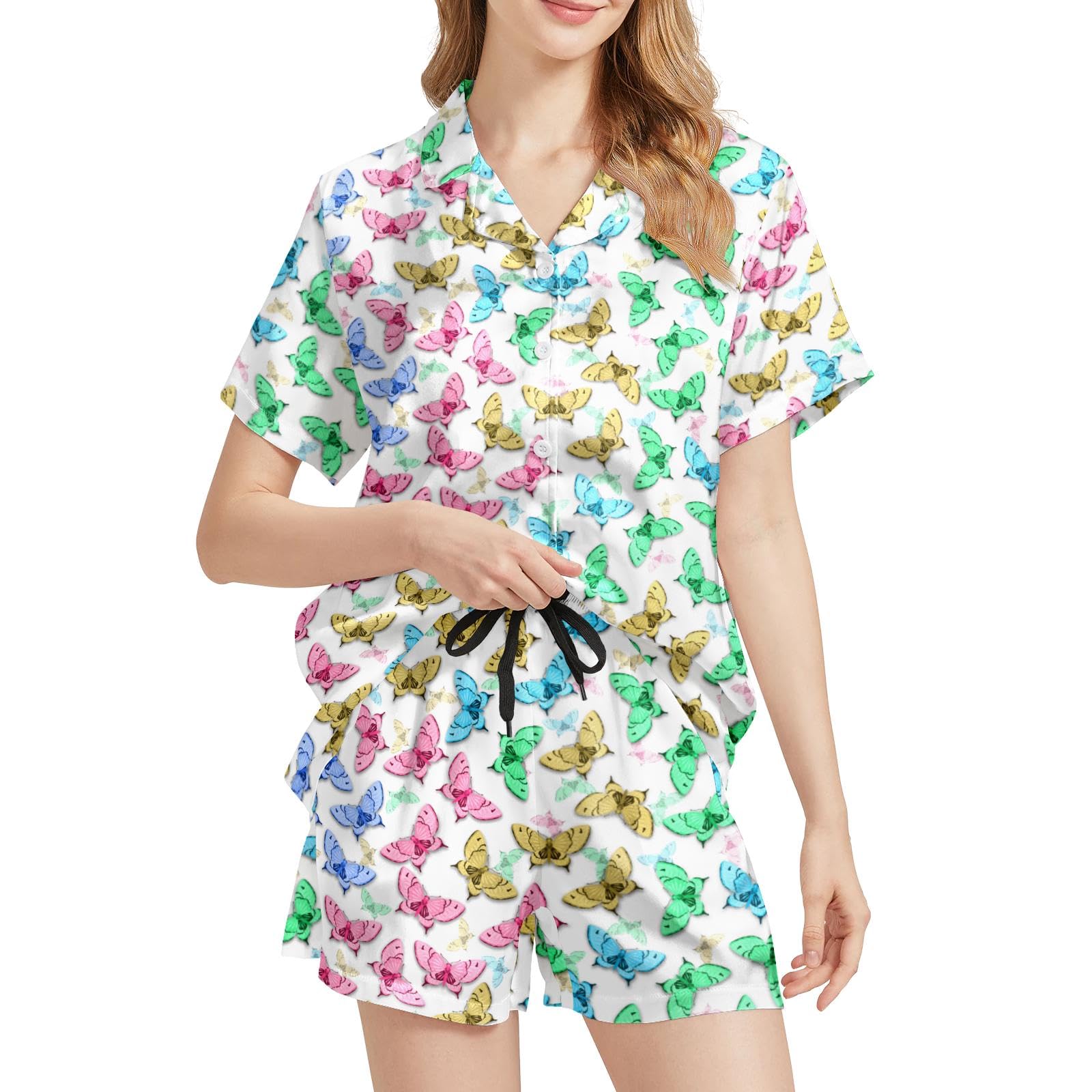 Funny Pajamas for Women Set Print Satin Loungewear Pjs Short Sleeve Button Down Top and Shorts Sets Sleepwear XS-3XL