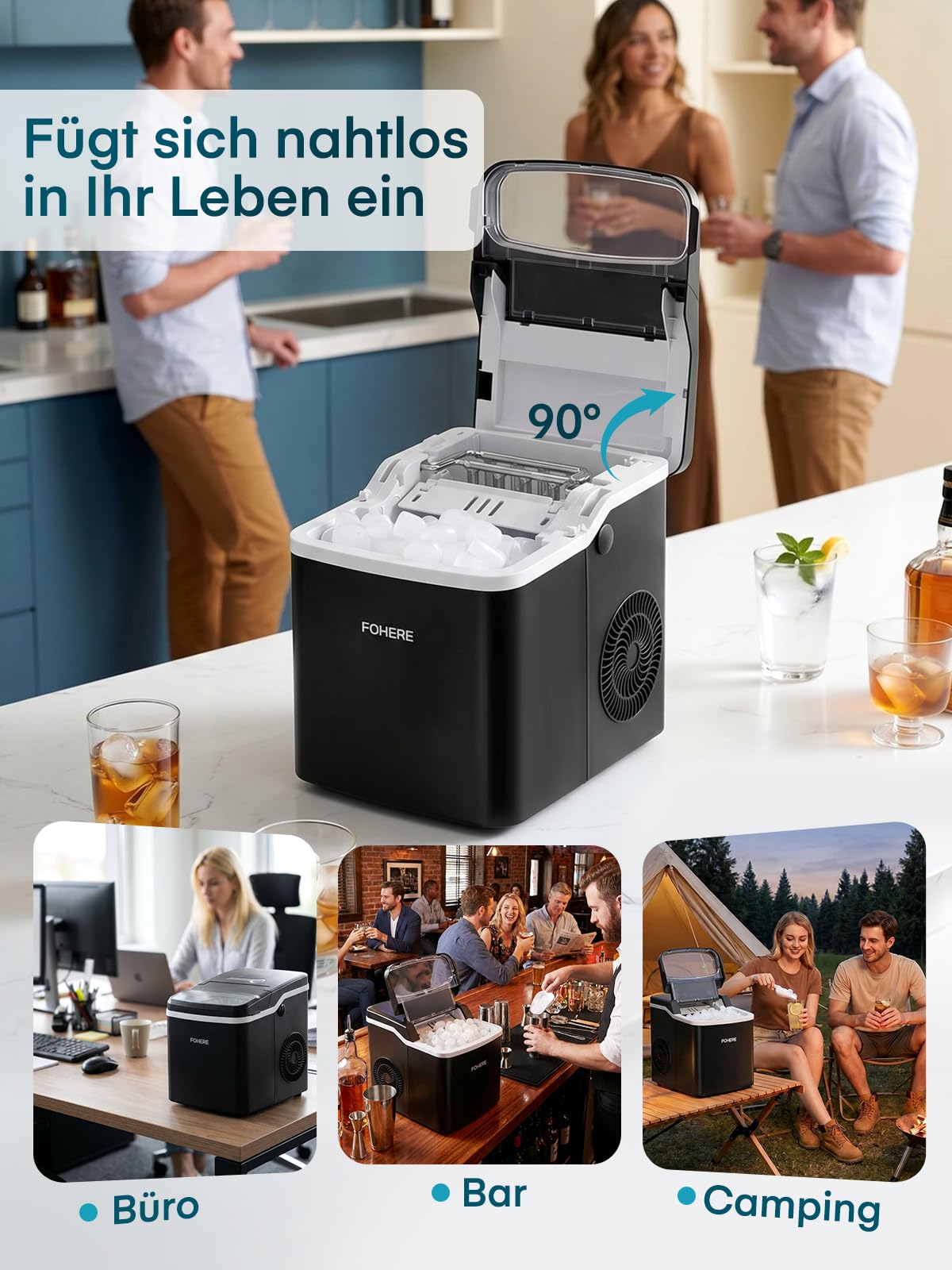 FOHERE Eiswürfelmaschine Klein, Eiswürfelbereiter mit Selbstreinigung, 9 Eiswürfel in 5 Min, 14kg/24H, Tragbarer Tisch-Ice Maker mit 2 Eiswürfelgrößen, Eisschaufel & Korb für Küche, Büro, Bar, Party