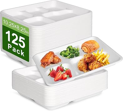 Compostable 5 Compartment Plates, 10.25 x 8.25 inch, 125 Pack | Divided Paper Plates for Kids, Heavy Duty, Biodegradable Eco-Friendly Bagasse, Sectional School Lunch Trays, White 10 inch
