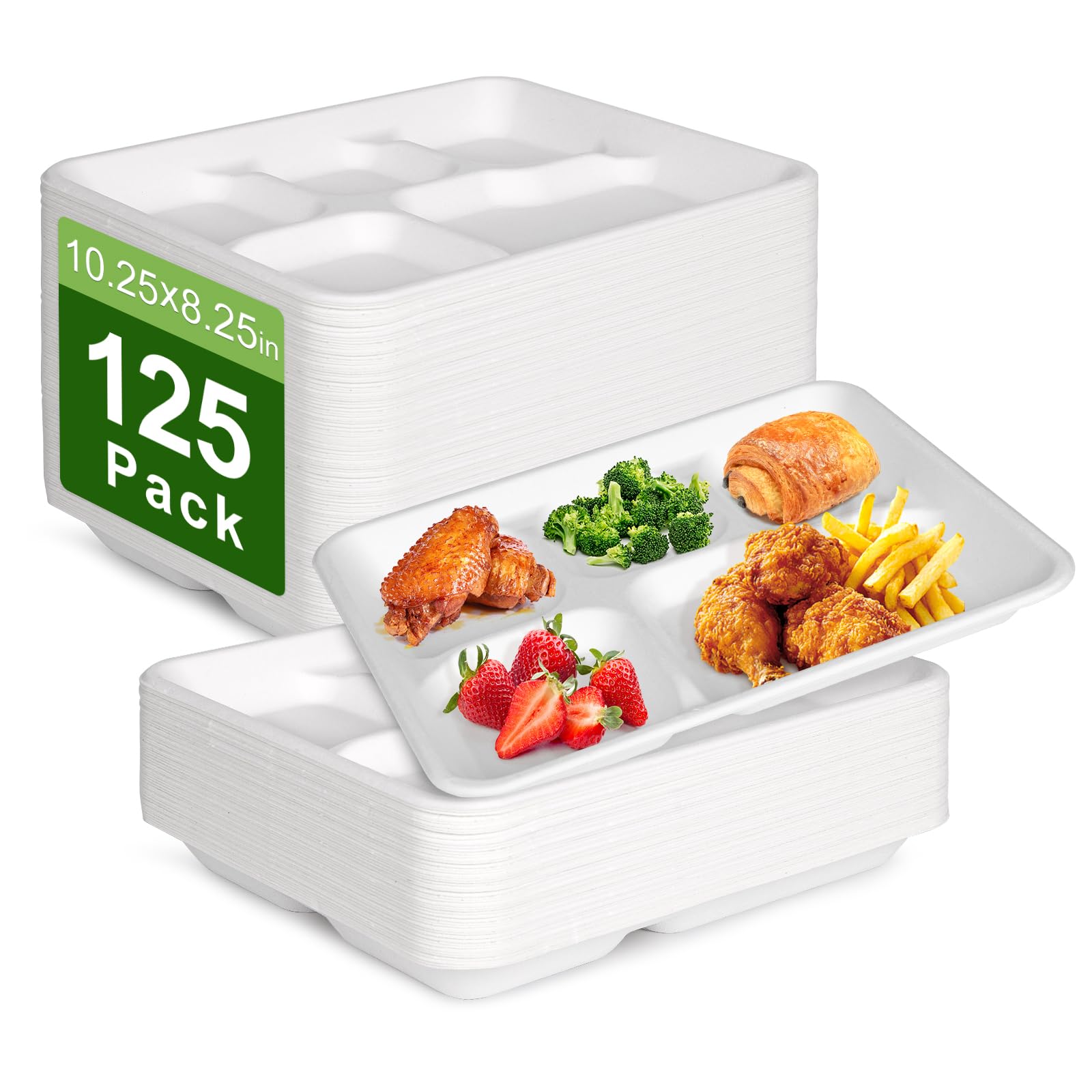 Kompostierbare Teller mit 5 Fächern, Einwegteller, 26 x 21 cm, 125 Stück, unterteilte Pappteller, strapazierfähig, biologisch abbaubar, umweltfreundlich, Bagasse, Sektionalschule
