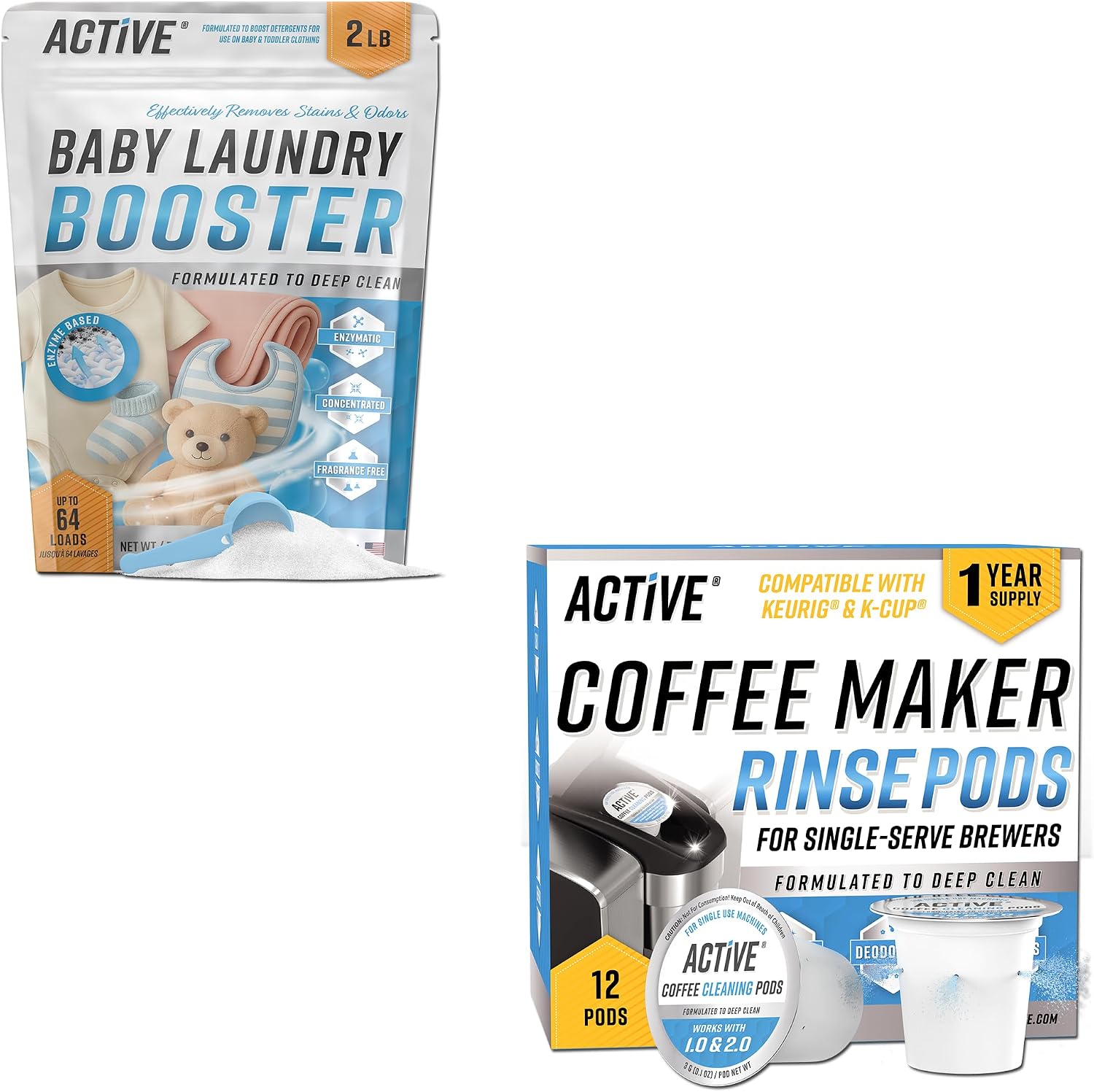 ACTIVE Baby Laundry Booster and K-Cup Compatible Cleaning Pods - Includes 32oz Baby Laundry Enzyme Stain & Odor Remover and 12pk Keurig Compatible Cleaning Pods