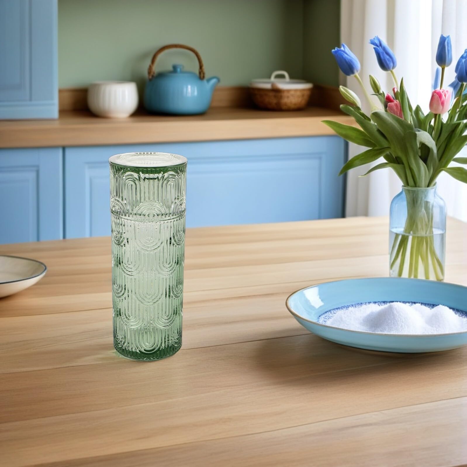 Juego de Jarra y Vaso de Vidrio Repujado Verde, Jarra de Agua Fría y Vaso para Mesita de Noche, Set de Cristal para Jugo y Agua, Garrafa Decorativa y Funcional para Uso Diario