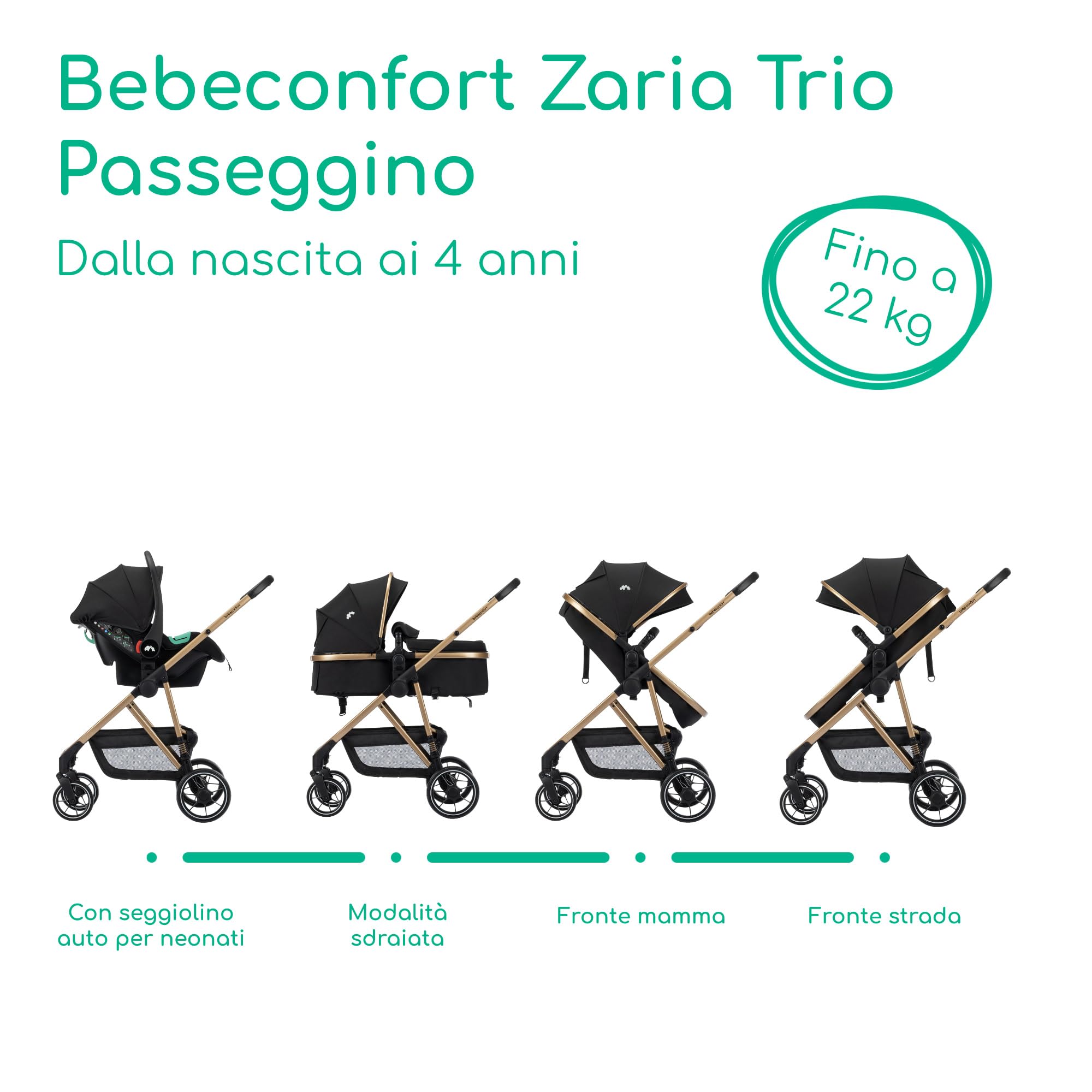 Bebeconfort Zaria Trio, Passeggino Trio Completo 3 in 1, 0-22 kg, Nero/Oro | Sistema Modulare Neonato con Ovetto i-Size, 0-4 Anni, Carrozzina Reversibile, Pieghevole e Reclinabile, 4 Ruote Ammortizzate