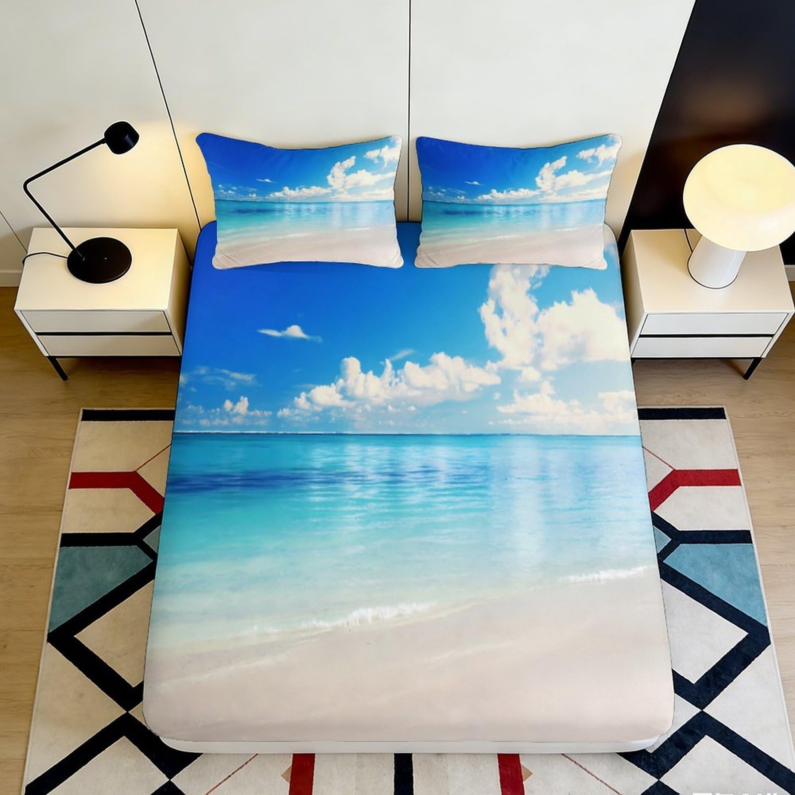 Jqzkxnhpbr Style-10 3D Printed Ocean Beach Fitted Sheet Microfiber Soft Decor Sky Cloud Mattress Cover For Bedroom Dorm Protection 90X200x25cm