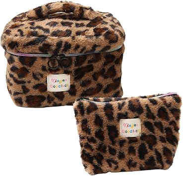 Cheetah Plush Makeup Bag Set Large Capacity 3-Piece Cosmetic Organizer Leopard Print Y2k Toiletry Storage Pouch Coffee 2PCS