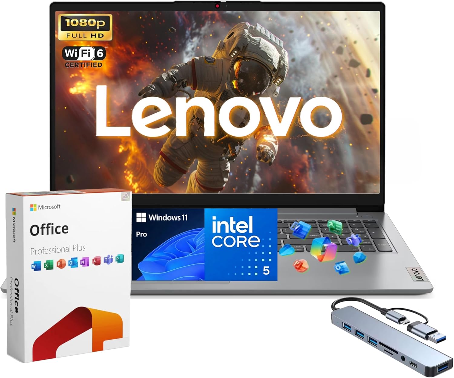 Lenovo IdeaPad 1i 15.6" FHD Laptop, Intel Core i5-1335U, 16GB RAM, 1TB SSD, Windows 11 Pro, Lifetime MS Office • Copilot AI, 8-in-1 HUB, Long Battery Life, Wi-Fi 6, Dolby Audio, Cloud Gray