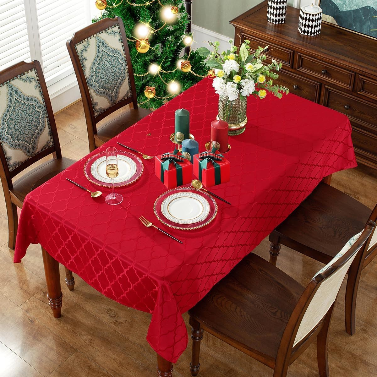 SASTYBALE Jacquard Christmas Tablecloth Flower Pattern Polyester Christmas Table Cloth Spill Proof Wrinkle Resistant Table Cover for Xmas Holiday Party Decor (Rectangle, 60" x 120" (10-12 Seats),Red) - Image 3