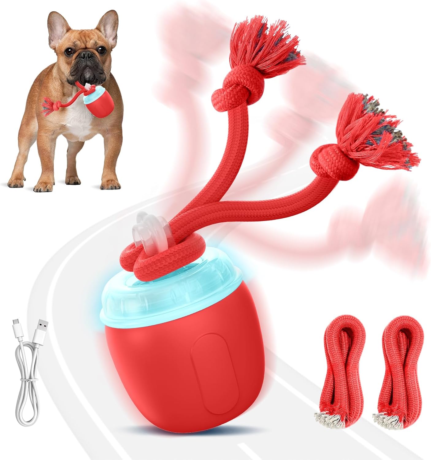 Interactive Dog Toys, Automatic Moving and Rolling Dogs Toy with Rope for Medium Large Dogs, Motion-Activated Dog Ball to Keep Them Busy(Red)