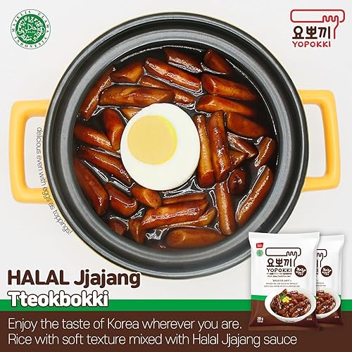 Miniatura 2 de Yopokki Instant Halal Tteokbokki Pack (Jjajang, Pack de 2) Comida callejera coreana con salsa Jjajang Pastel de arroz Topokki - Rápido y fácil de