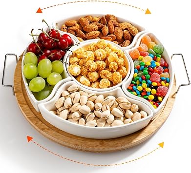 Ceramic Divided Serving Dishes with 360Rotatable Bamboo Tray and Handles | 5 Removable Relish Tray,for Chips & Dip, Veggies, Candy & Snacks