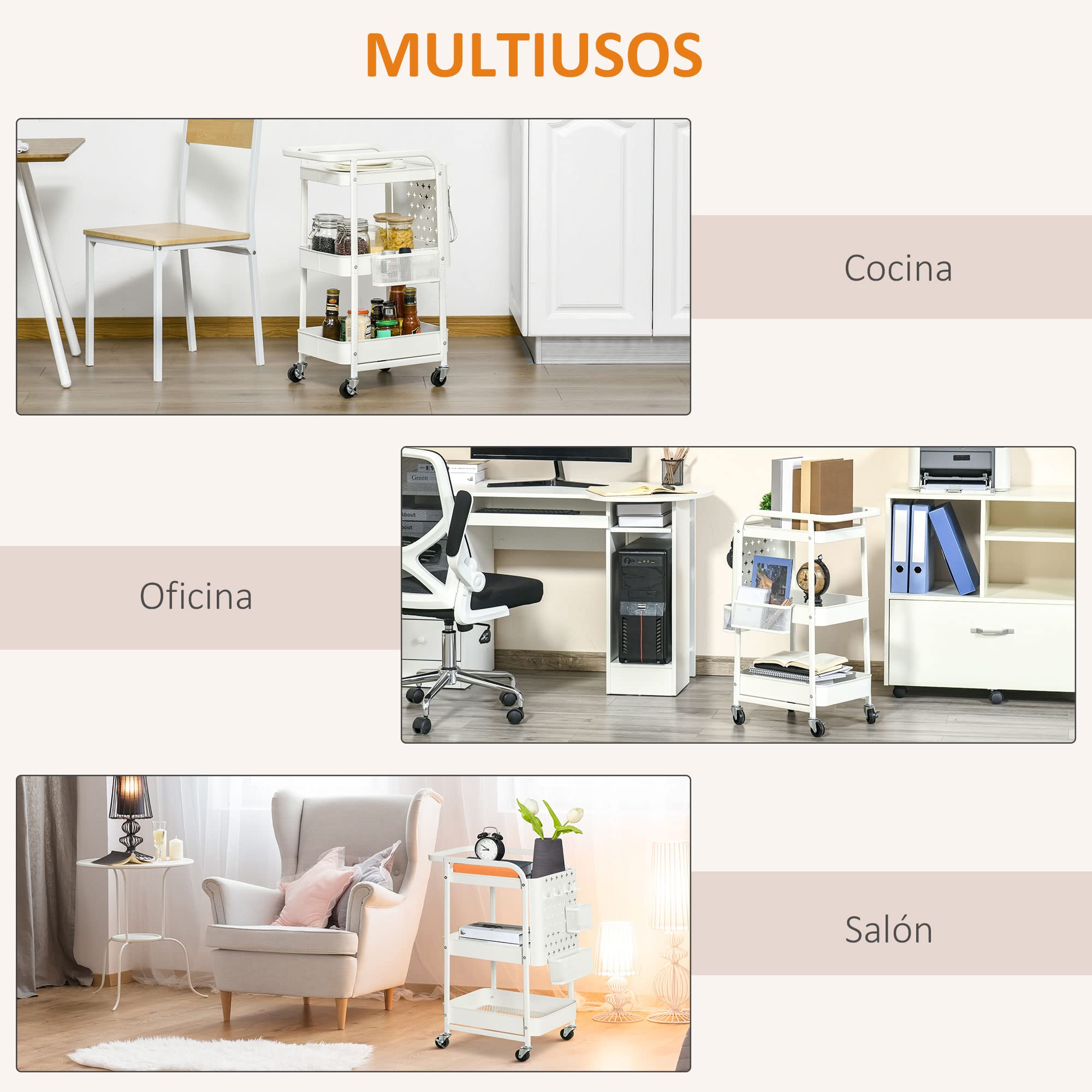 HOMCOM Carrito de Cocina de Acero con Ruedas Carro de Almacenamiento de 3 Niveles 4 Ganchos 2 Cestas Colgantes y Asa para Baño Salón Dormitorio 51,5x32x75,6 cm Blanco