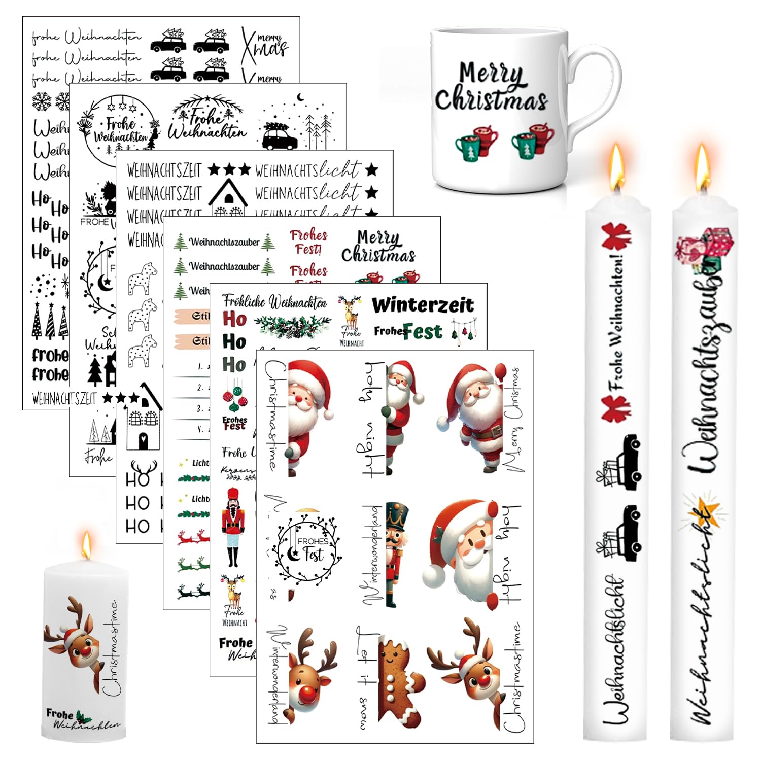 6 Stück Kerzentattoos Weihnachten, weihnachten kerzen folie, Kerzentattoos Wassertransferdruck, Kerzenaufkleber Weihnachts, Merry Christmas Kerzensticker, Kerzen Dekorieren, Kerzensprüche