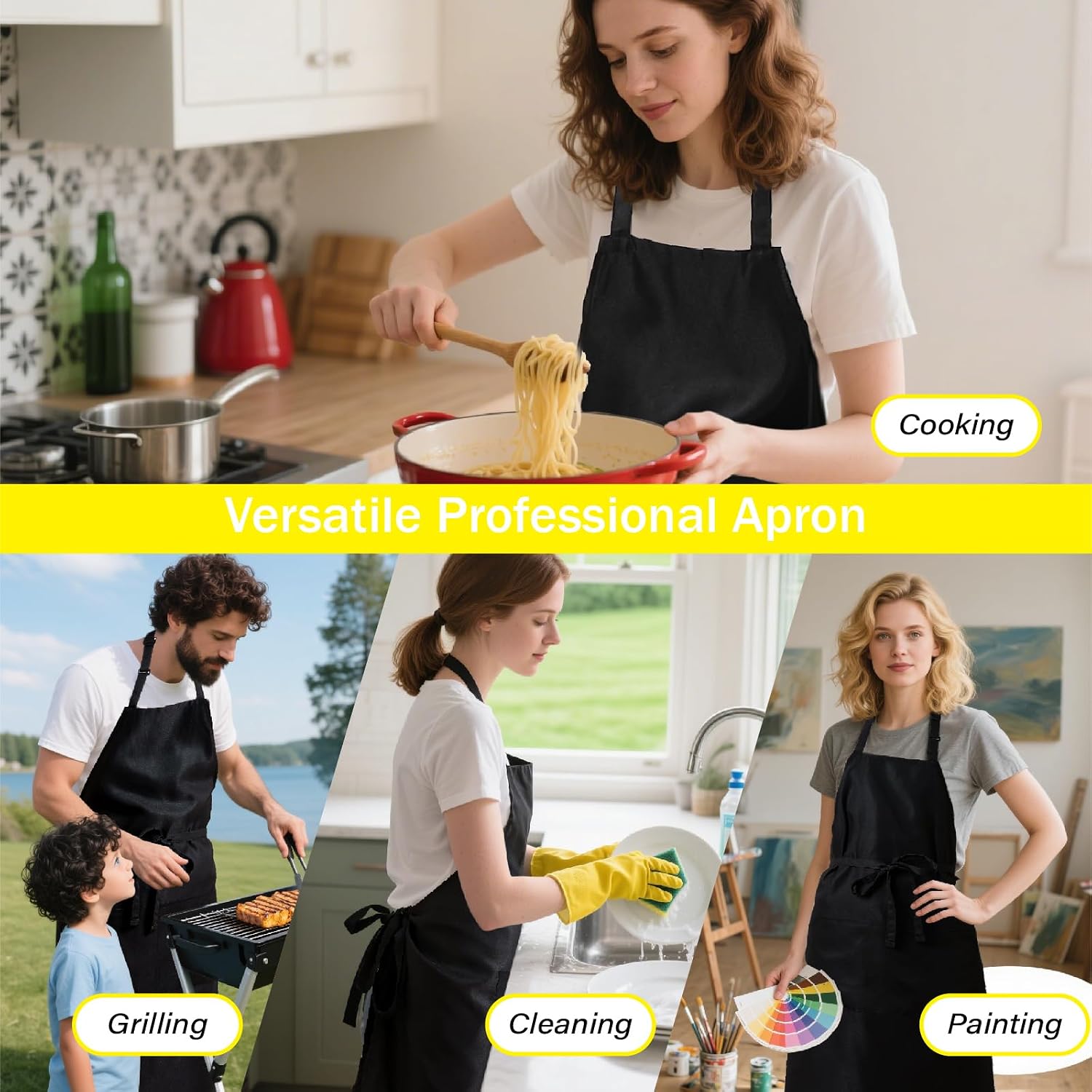 Black Extra Large Apron for Men Adjustable Bib Aprons with 2 Pockets Women Chef Cooking Kitchen Water & Oil Resistant
